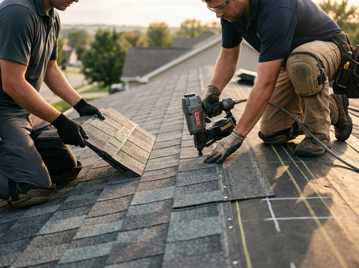 Professional roofer working on a residential roof in Mill Creek East